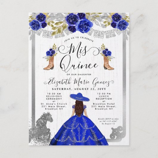 Floral Royal Blue Silver Charra Horse Quinceanera Uitnodiging Briefkaart (Voorkant)