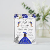 Floral Royal Blue Silver Charra Horse Quinceanera Uitnodiging Briefkaart (Staand voorkant)