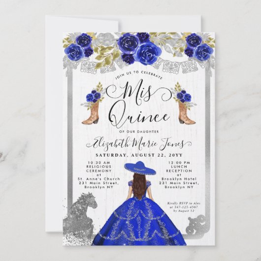 Floral Royal Blue Silver Horse Charra Quinceanera Kaart (Voorkant)