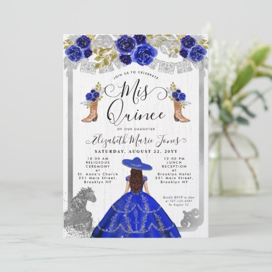 Floral Royal Blue Silver Horse Charra Quinceanera Kaart (Staand voorkant)