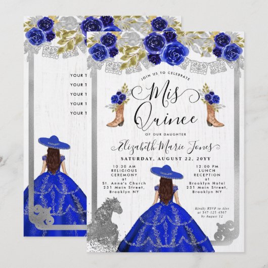 Floral Royal Blue Silver Horse Charra Quinceanera Kaart (Voorkant / Achterkant)