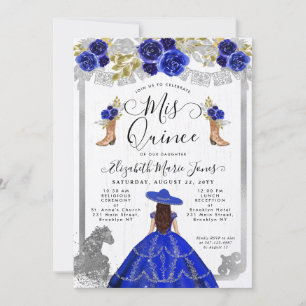 Floral Royal Blue Silver Horse Charra Quinceanera Kaart