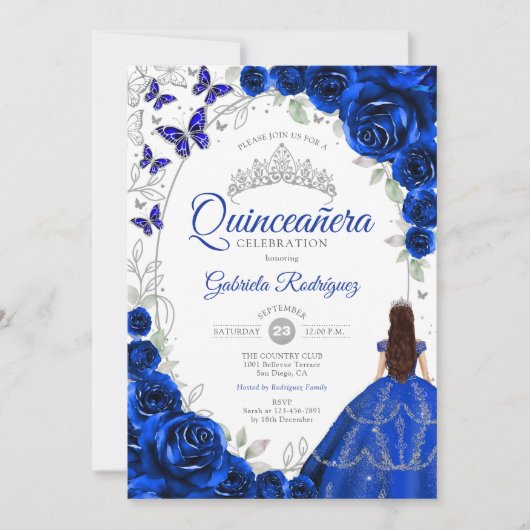 Floral Royal Blue Silver Quinceanera Kaart (Voorkant)