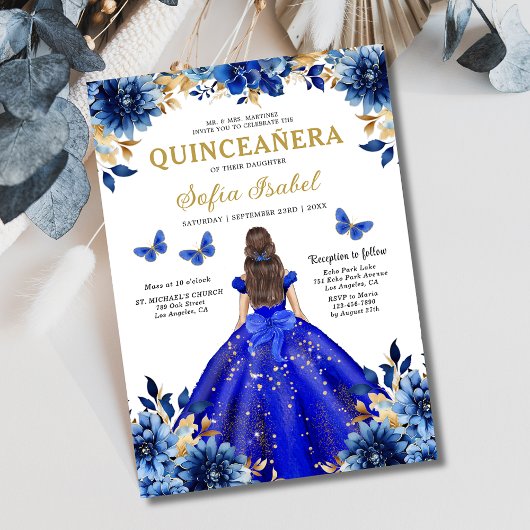 Floral Royal Blue Tweetalige Spaanse Quinceanera Kaart