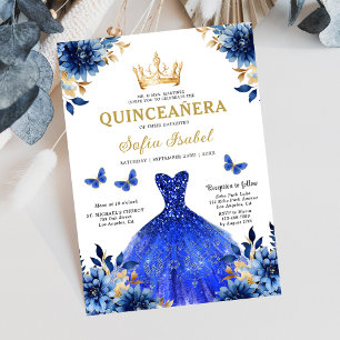 Floral Royal Blue Tweetalige Spaanse Quinceanera Kaart