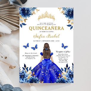 Floral Royal Blue Tweetalige Spaanse Quinceanera Kaart