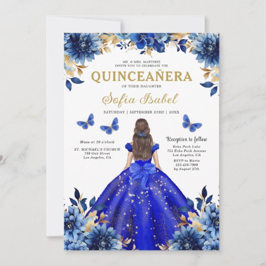 Floral Royal Blue Tweetalige Spaanse Quinceanera Kaart (Voorkant)