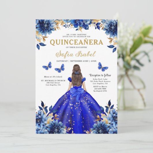 Floral Royal Blue Tweetalige Spaanse Quinceanera Kaart (Staand voorkant)