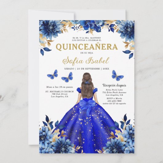 Floral Royal Blue Tweetalige Spaanse Quinceanera Kaart (Achterkant)