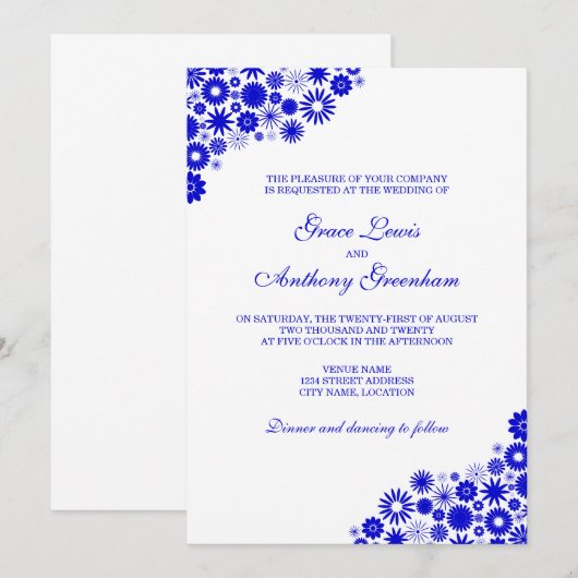  Floral Royal Blue Wedding Kaart (Voorkant / Achterkant)