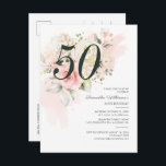 Floral roze 50th Birthday Botanical Party Uitnodiging Briefkaart<br><div class="desc">Cute en moderne, maar elegante uitnodigingen van de vijftigste verjaardag. Met een trendy lay-out en waterverf florale en groene eucalyptus en roze blozen. Ideaal voor elke uitnodiging voor een verjaardagsfeestje. De sjabloon die gemakkelijk kan worden uitgegeven en de tekst met uw eigen details door de "Personalize"knoop te klikken wordt vervangen....</div>