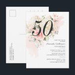 Floral roze 50th Birthday Botanical Party Uitnodiging Briefkaart<br><div class="desc">Cute en moderne, maar elegante uitnodigingen van de vijftigste verjaardag. Met een trendy lay-out en waterverf florale en groene eucalyptus en roze blozen. Ideaal voor elke uitnodiging voor een verjaardagsfeestje. De sjabloon die gemakkelijk kan worden uitgegeven en de tekst met uw eigen details door de "Personalize"knoop te klikken wordt vervangen....</div>