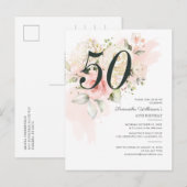 Floral roze 50th Birthday Botanical Party Uitnodiging Briefkaart (Voorkant / Achterkant)