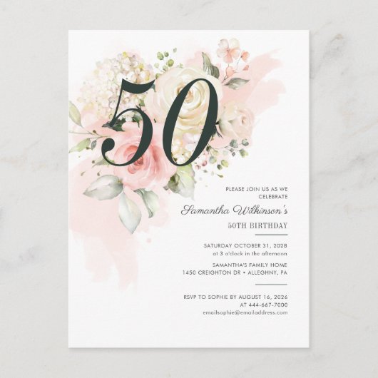 Floral roze 50th Birthday Botanical Party Uitnodiging Briefkaart (Voorkant)
