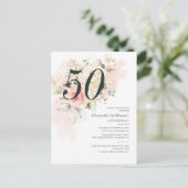 Floral roze 50th Birthday Botanical Party Uitnodiging Briefkaart (Staand voorkant)