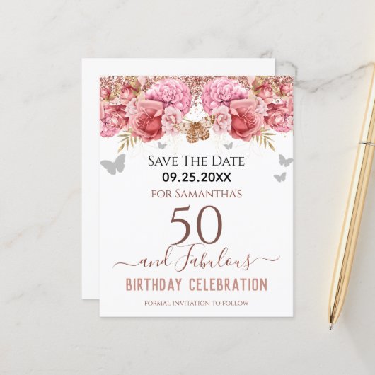 Floral roze 50th Birthday Save the Date (Voorkant / Achterkant in situ)