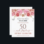 Floral roze 50th Birthday Save the Date<br><div class="desc">Meisjes glitter,  milleniumroze achtergrond,  met fancy manuscriptnaam typografie. Fijne 50 jaar en geweldige sjabloon voor verjaardagsontwerp. Roze en vlinderbovengrens. Geweldig voor de 50e viering. Sparen de herinnering van de datumviering.</div>