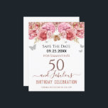 Floral roze 50th Birthday Save the Date<br><div class="desc">Meisjes glitter,  milleniumroze achtergrond,  met fancy manuscriptnaam typografie. Fijne 50 jaar en geweldige sjabloon voor verjaardagsontwerp. Roze en vlinderbovengrens. Geweldig voor de 50e viering. Sparen de herinnering van de datumviering.</div>