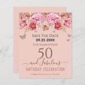 Floral roze 50th Birthday Save the Date (Voorkant / Achterkant)