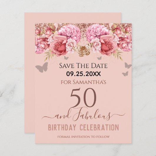 Floral roze 50th Birthday Save the Date (Voorkant / Achterkant)