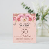 Floral roze 50th Birthday Save the Date (Staand voorkant)