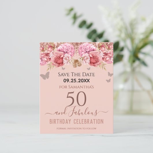 Floral roze 50th Birthday Save the Date (Staand voorkant)