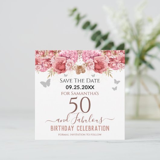 Floral roze 50th Birthday Save the Date (Staand voorkant)