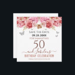 Floral roze 50th Birthday Save the Date<br><div class="desc">Meisjes glitter,  milleniumroze achtergrond,  met fancy manuscriptnaam typografie. Fijne 50 jaar en geweldige sjabloon voor verjaardagsontwerp. Roze en vlinderbovengrens. Geweldig voor de 50e viering. Sparen de herinnering van de datumviering.</div>