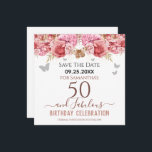 Floral roze 50th Birthday Save the Date<br><div class="desc">Meisjes glitter,  milleniumroze achtergrond,  met fancy manuscriptnaam typografie. Fijne 50 jaar en geweldige sjabloon voor verjaardagsontwerp. Roze en vlinderbovengrens. Geweldig voor de 50e viering. Sparen de herinnering van de datumviering.</div>