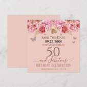 Floral roze 50th Birthday Save the Date (Voorkant / Achterkant)