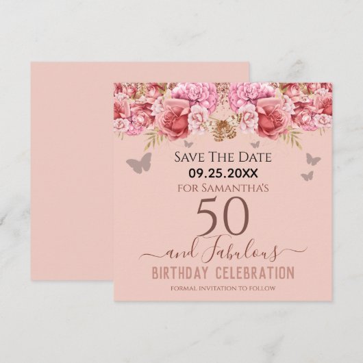 Floral roze 50th Birthday Save the Date (Voorkant / Achterkant)