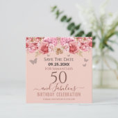 Floral roze 50th Birthday Save the Date (Staand voorkant)