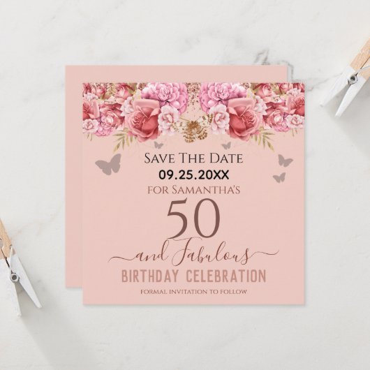 Floral roze 50th Birthday Save the Date (Voorkant / Achterkant in situ)