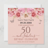 Floral roze 50th Birthday Save the Date (Voorkant)