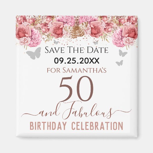 Floral roze 50th Birthday Save the Date Magnet (Voorkant)