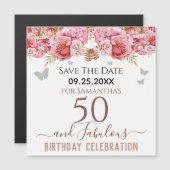 Floral roze 50th Birthday Save the Date Magnet (Voorkant / Achterkant)