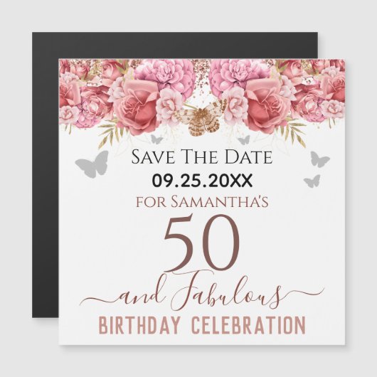 Floral roze 50th Birthday Save the Date Magnet (Voorkant / Achterkant)