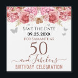 Floral roze 50th Birthday Save the Date Magnet<br><div class="desc">Meisjes glitter,  milleniumroze achtergrond,  met fancy manuscriptnaam typografie. Fijne 50 jaar en geweldige sjabloon voor verjaardagsontwerp. Roze en vlinderbovengrens. Geweldig voor de 50e viering. Sparen de herinnering van de datumviering.</div>
