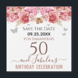 Floral roze 50th Birthday Save the Date Magnet<br><div class="desc">Meisjes glitter,  milleniumroze achtergrond,  met fancy manuscriptnaam typografie. Fijne 50 jaar en geweldige sjabloon voor verjaardagsontwerp. Roze en vlinderbovengrens. Geweldig voor de 50e viering. Sparen de herinnering van de datumviering.</div>