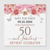 Floral roze 50th Birthday Save the Date Magnet (Voorkant)