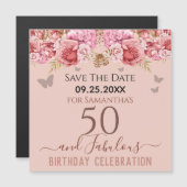 Floral roze 50th Birthday Save the Date Magnet (Voorkant / Achterkant)