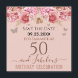 Floral roze 50th Birthday Save the Date Magnet<br><div class="desc">Meisjes glitter,  milleniumroze achtergrond,  met fancy manuscriptnaam typografie. Fijne 50 jaar en geweldige sjabloon voor verjaardagsontwerp. Roze en vlinderbovengrens. Geweldig voor de 50e viering. Sparen de herinnering van de datumviering.</div>
