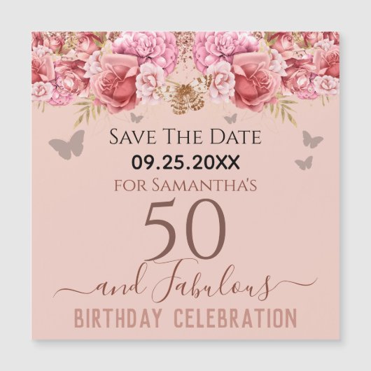 Floral roze 50th Birthday Save the Date Magnet (Voorkant)