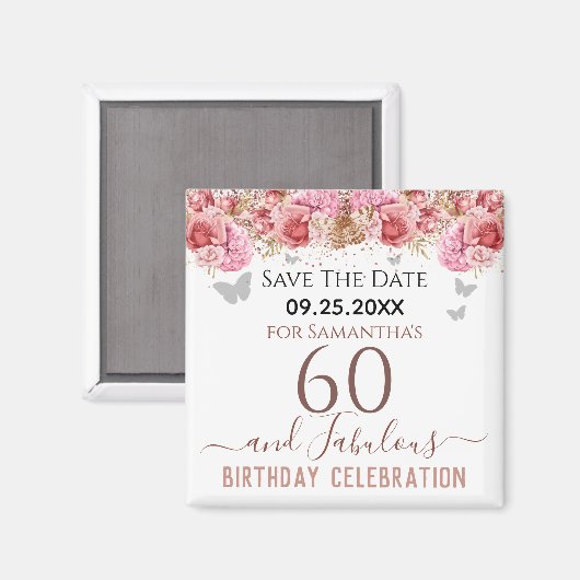 Floral roze 60th Birthday Save the Date Magnet (Voorkant / Achterkant)