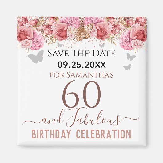 Floral roze 60th Birthday Save the Date Magnet (Voorkant)