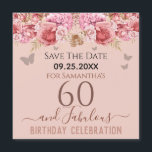 Floral roze 60th Birthday Save the Date Magnet<br><div class="desc">Meisjes glitter,  milleniumroze achtergrond,  met fancy manuscriptnaam typografie. Happy 60 en geweldige sjabloon voor verjaardagsontwerp. Roze en vlinderbovengrens. Geweldig voor de 60ste viering. Sparen de herinnering van de datumviering.</div>