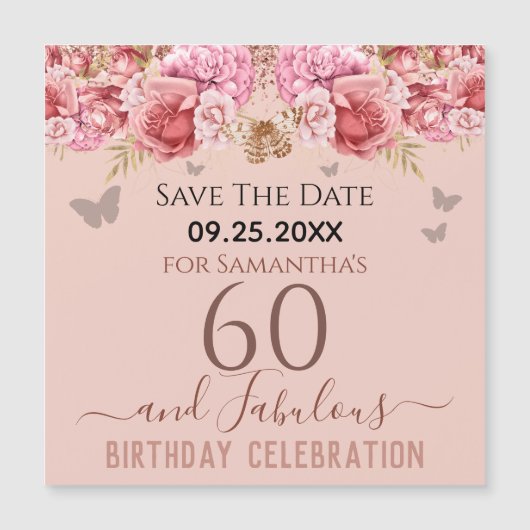 Floral roze 60th Birthday Save the Date Magnet (Voorkant)
