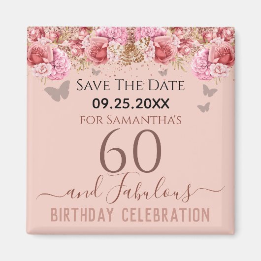 Floral roze 60th Birthday Save the Date Magnet (Voorkant)