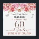 Floral roze 60th Birthday Save the Date Magnet<br><div class="desc">Meisjes glitter,  milleniumroze achtergrond,  met fancy manuscriptnaam typografie. Happy 60 en geweldige sjabloon voor verjaardagsontwerp. Roze en vlinderbovengrens. Geweldig voor de 60ste viering. Sparen de herinnering van de datumviering.</div>