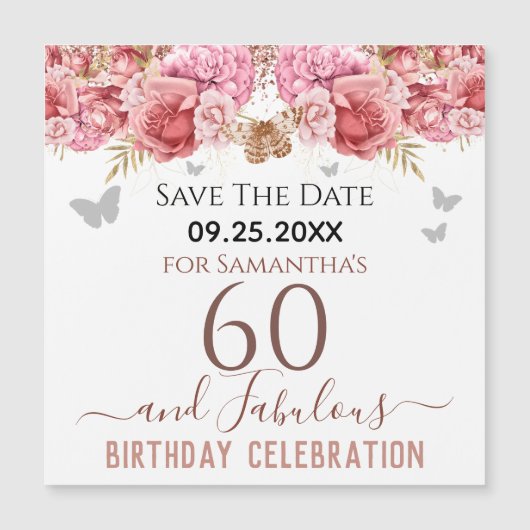 Floral roze 60th Birthday Save the Date Magnet (Voorkant)
